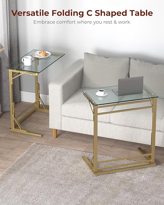 Tatub 24" Folding TV Tray Table, Glass C Shaped End Table - Image 3