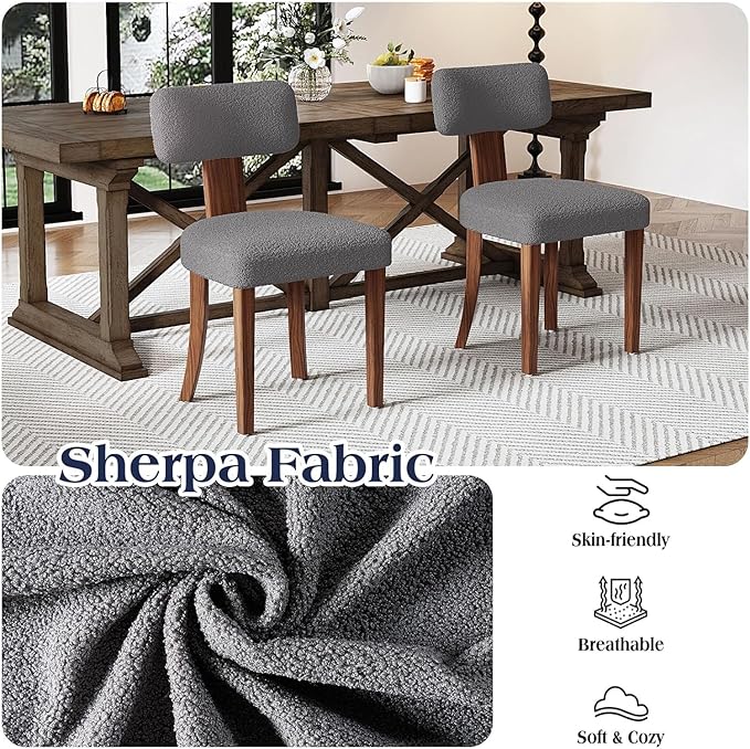Farmhouse Chair Set of 2, Mid Century Modern Dining Chairs, Sherpa Upholstered - Image 6
