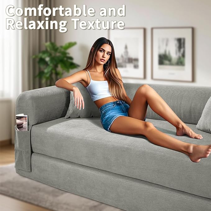 80" Convertible Sofa Bed, 3-in-1 Corduroy Folding Pull Out Couch - Image 7