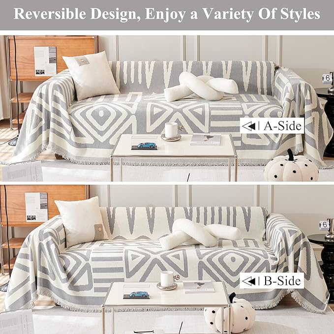STACYPIK Boho Gray White Cream Sofa Cover Reversible Triangle Geometric Couch - Image 3