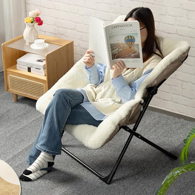 HollyHOME X-Large Saucer Chair, Comfy Oversized Folding Chair, Faux-Fur Reading - Image 2