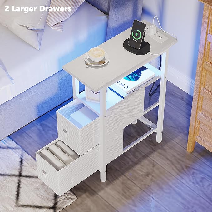 End Table with Charging Station, Narrow Side Table with 2 Fabric Drawers - Image 6