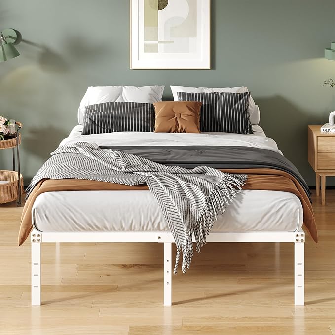 16 Inch White Queen Bed Frame No Box Spring Required, Metal Platform Queen Size - Image 3