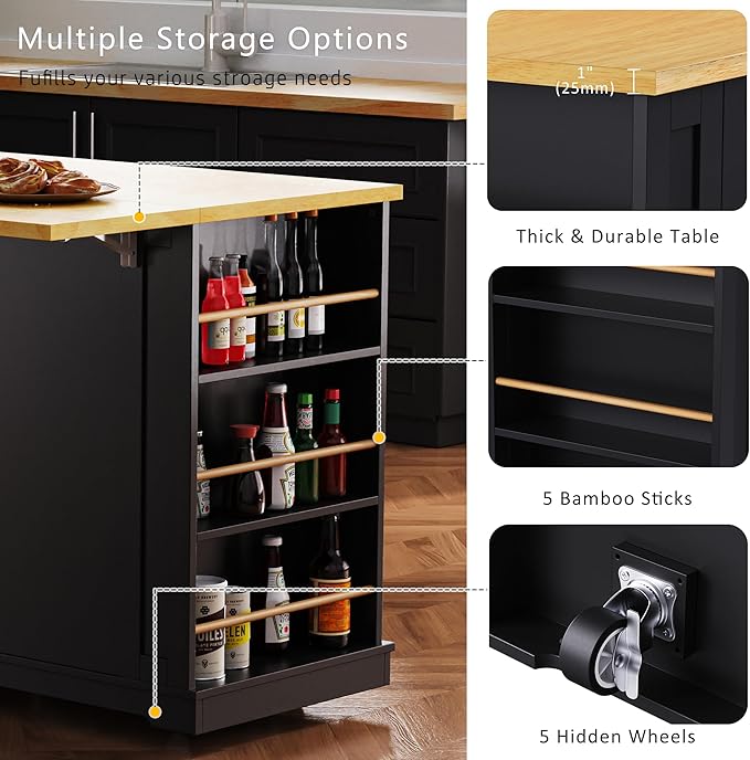 53" Large Kitchen Island with 2 Bar Stools, Power Outlet & Door Internal - Image 6