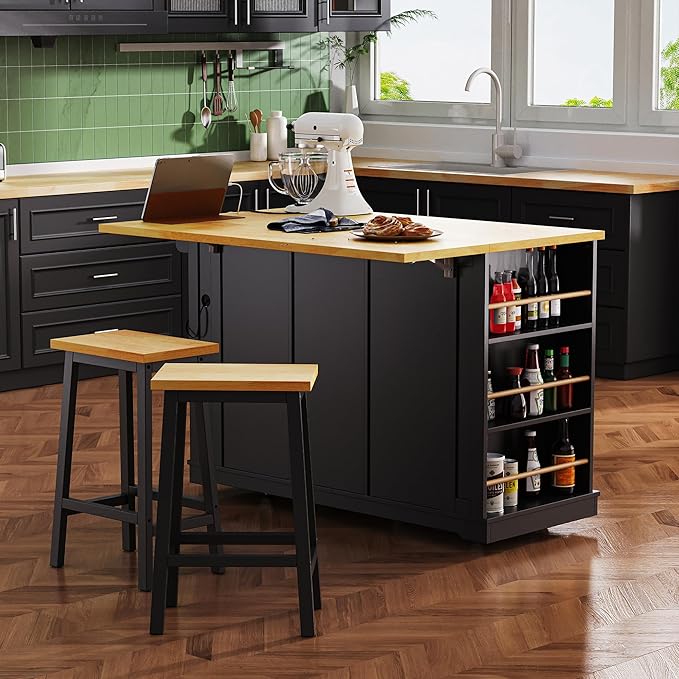 53" Large Kitchen Island with 2 Bar Stools, Power Outlet & Door Internal by Unknown