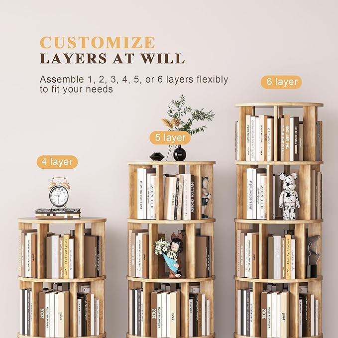 6 Tier Bookshelf Tower, 360° Solid Wood Spinning Bookcase - Image 6