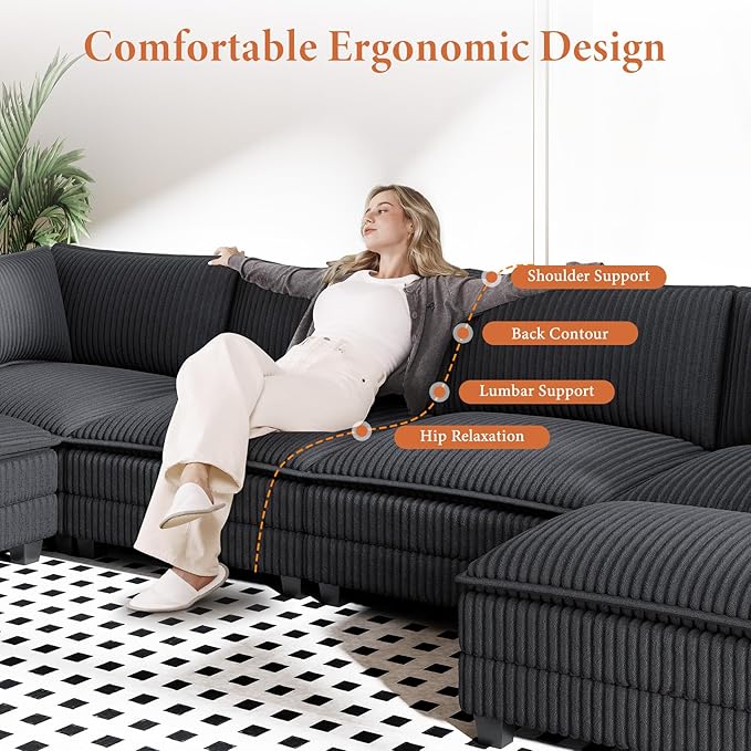 Vesgantti 143" L Shaped Modular Sectional Sofa, Comfy Corduroy Upholstered - Image 4
