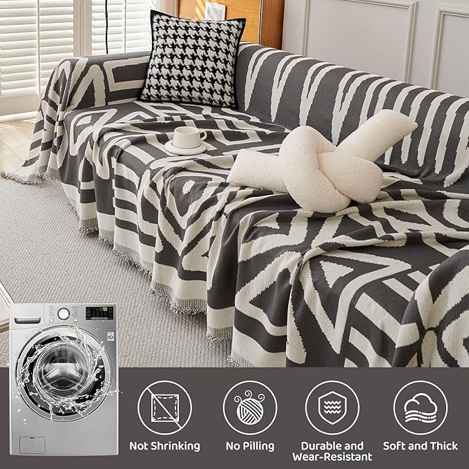 STACYPIK Dark Grey Chenille Couch Covers, Boho Sofa Covers - Image 4