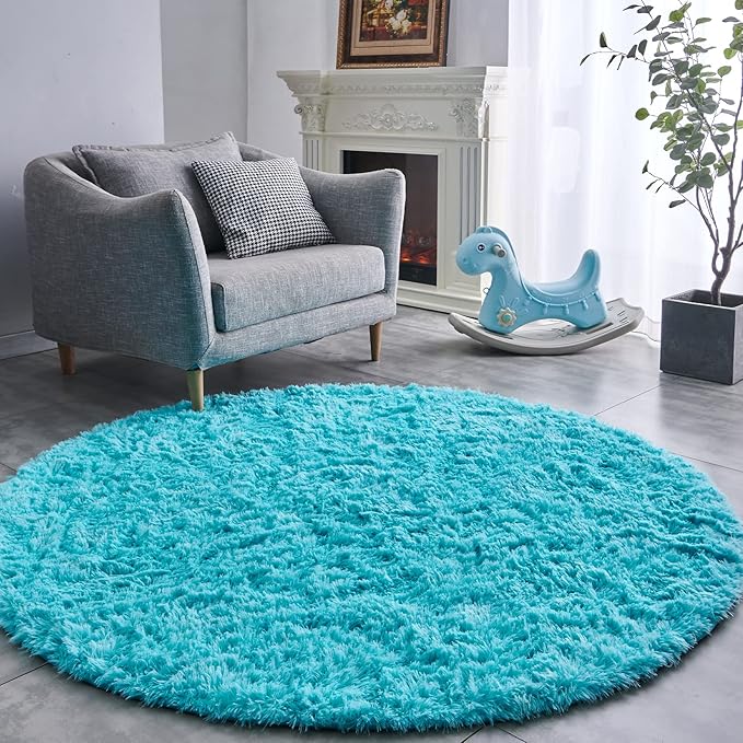 FJZFING Blue Round Rug Ultra-Soft Plush Modern 4x4 Circle Area Rug by FJZFING