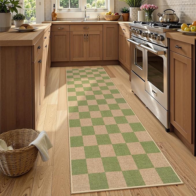 Lahome Checkered Entryway Runner Rug, 2x8 Green Washable Rug Runners by Lahome