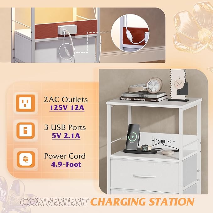 WLIVE White Night Stand with Charging Station, LED Nightstand with 2 Fabric - Image 5