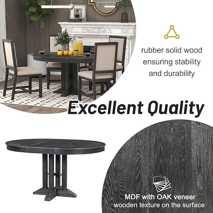 Need Extendable Farmhouse Round Dining Table, 48-60 Inch Pedestal Base Kitchen - Image 8