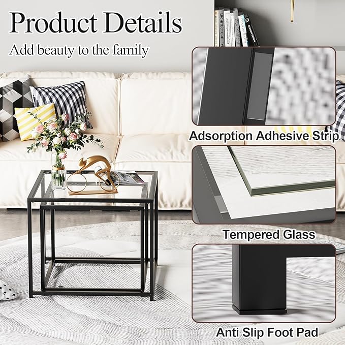 Garden 4 you Coffee Table Set of 2, Modern Glass Nesting Table, Metal Frame - Image 5