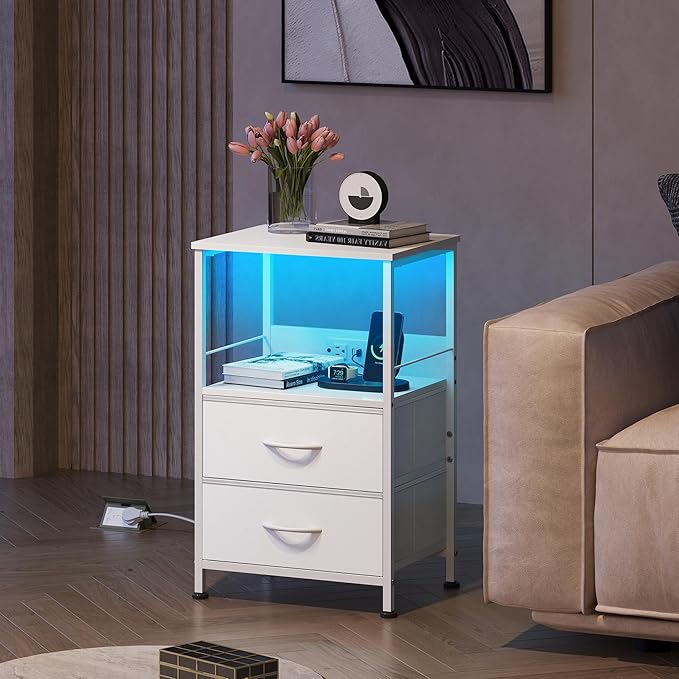 WLIVE White Night Stand with Charging Station, LED Nightstand with 2 Fabric - Image 7