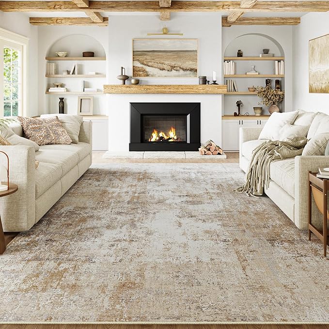 10x14 Washable Area Rug Gold Grey Neutral Abstract Living Room Bedroom Large by WondRg