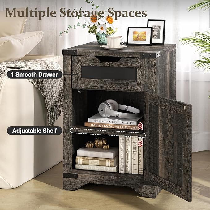 Farmhouse End Table with Charging Station, 26.4" Tall Rustic Nightstand with - Image 3