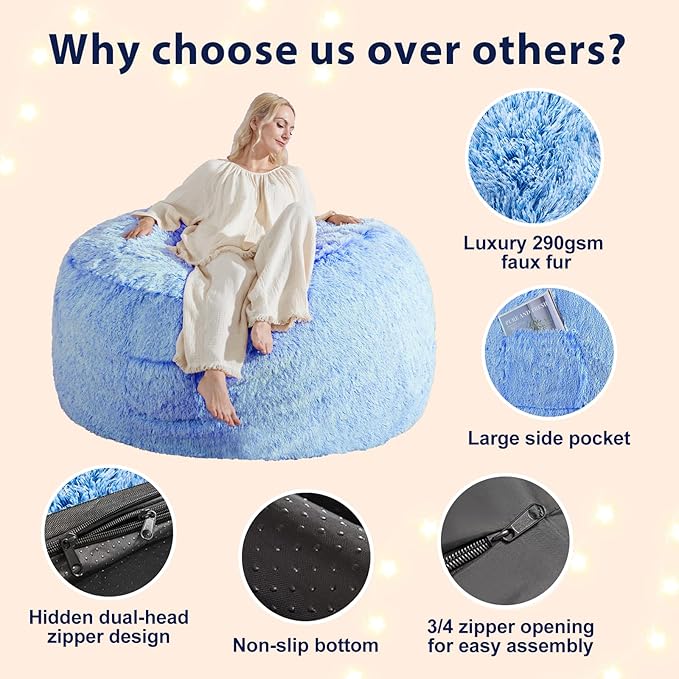 Bean Bag Covers Only, Fluffy Stuffed Beanbag Chair Covers No Filler, Washable - Image 4