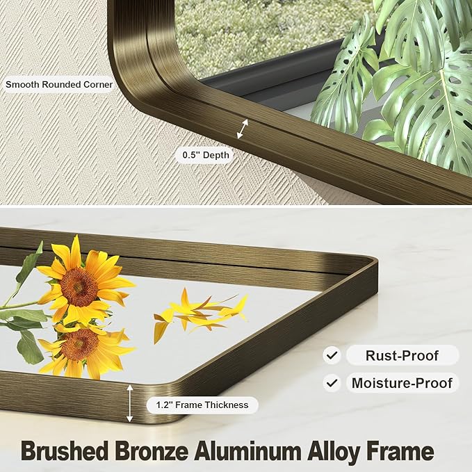30x36 Inch Bronze Framed Bathroom Mirror, Brushed Bronze Metal Vanity Mirror - Image 2
