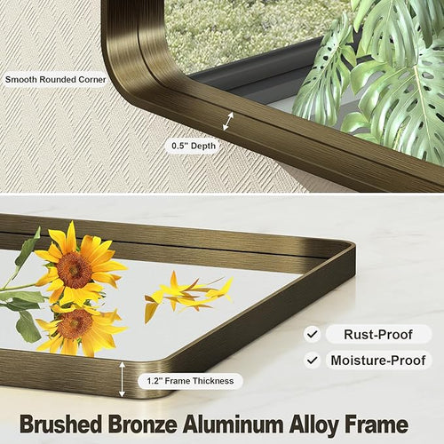 20x30 Inch Bronze Framed Bathroom Mirror, Rectangle Brushed Bronze Metal Vanity - Image 2