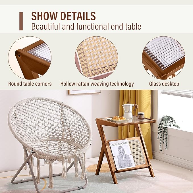 Tiita 2 Pack Rattan Side Table, Mid Century Nightstand, Bamboo Accent Bedside - Image 4