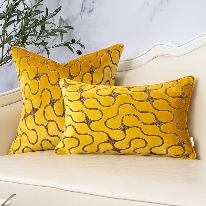 Yangest Yellow Square Throw Pillow Cover Wavy Velvet Cushion Cover Modern - Image 5