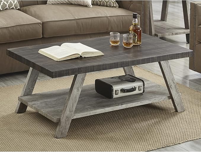 Roundhill Furniture Athens Contemporary Wood Shelf Coffee Table, Weathered - Image 6