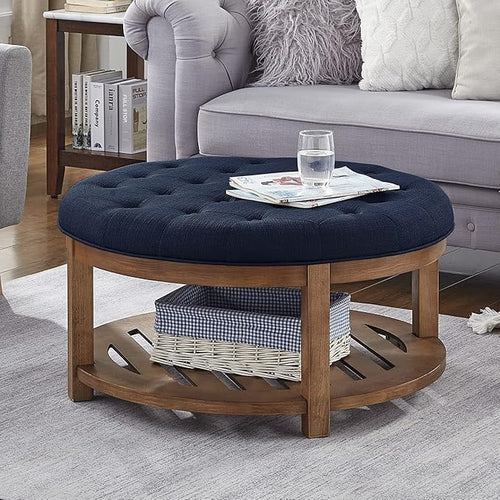 24KF Large Round Upholstered Tufted Linen Ottoman Coffee Table, Large Footrest by WEMARTHOMEDECOR