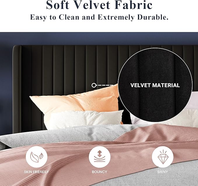 Allewie Queen Size Velvet Bed Frame/Vertical Channel Tufted Wingback - Image 5