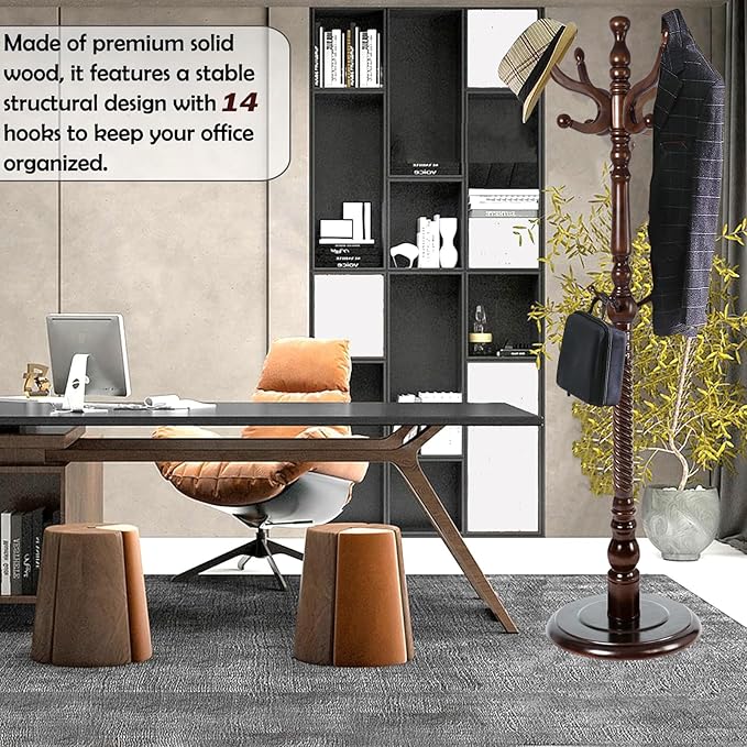 Coat Racks Free Standing with 14 Hooks, Natural Wood Coat Stands - Image 3