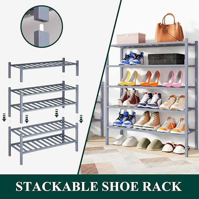 Smiry Shoe Rack, 5 Tier Bamboo Shoe Organizer, Stackable Free Standing Wooden - Image 4