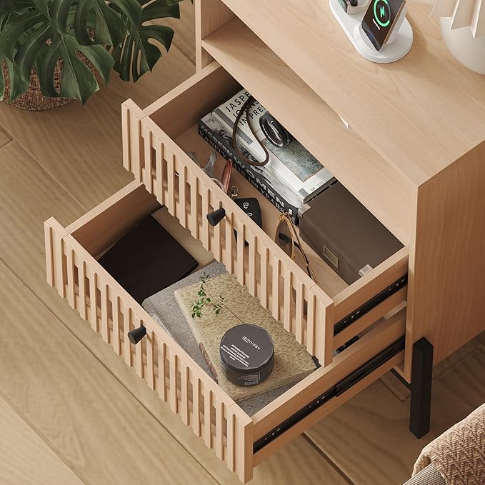 Vabches Nightstand with Charging Station and USB Ports, Industrial Style Fluted - Image 6