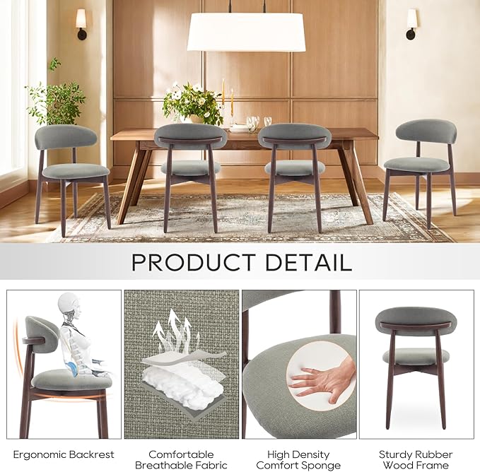 COLAMY Wooden Dining Chairs Set of 6, Modern Fabric Upholstered Kitchen Side - Image 4