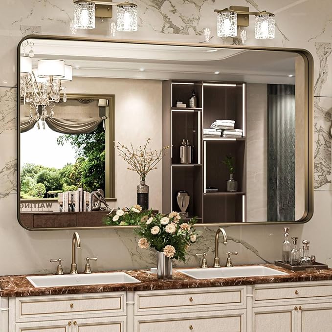 Bronze Bathroom Mirror 55x36 Inch, Brushed Bronze Metal Frame Mirror by JISOSO