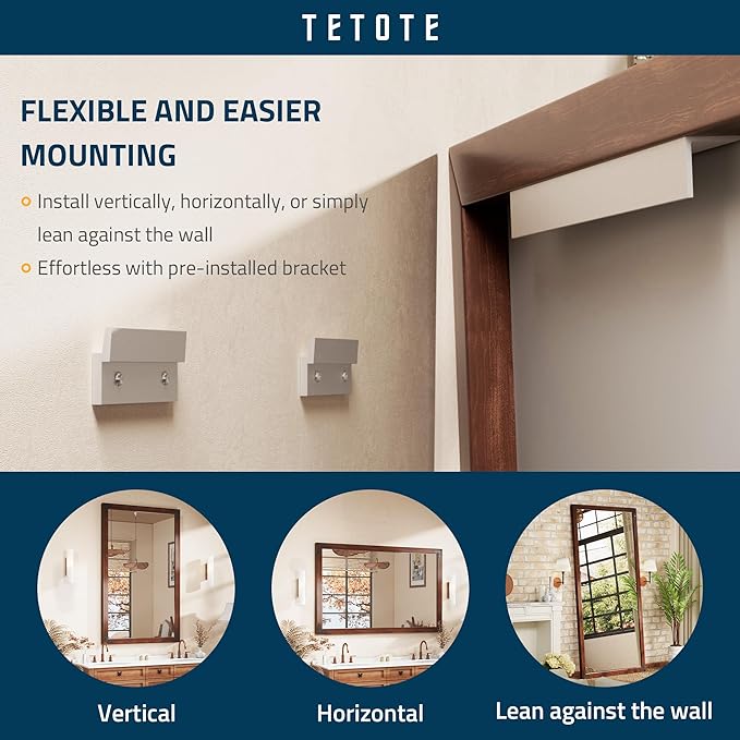 TETOTE 60 x 36 Rustic Bathroom Mirror Wood Frame, Waterproof Walnut Brown - Image 6