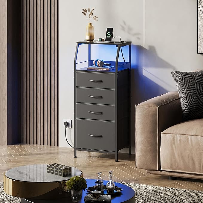 WLIVE Night Stand with Charger Station, LED Nightstand with 4 Fabric Drawers - Image 7