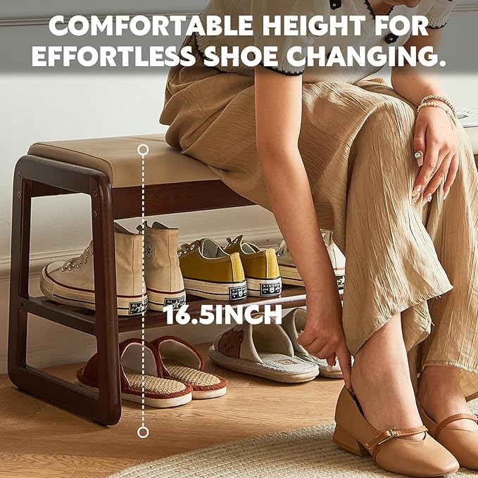 Solid Wood Shoe Bench, 2-Tier Wooden Storage Entryway Bench, Mid-Century Modern - Image 3