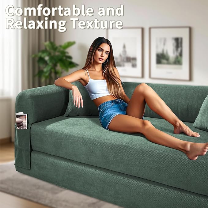 80" Convertible Sofa Bed, Corduroy Deep Seat Folding Pull Out Couch - Image 8