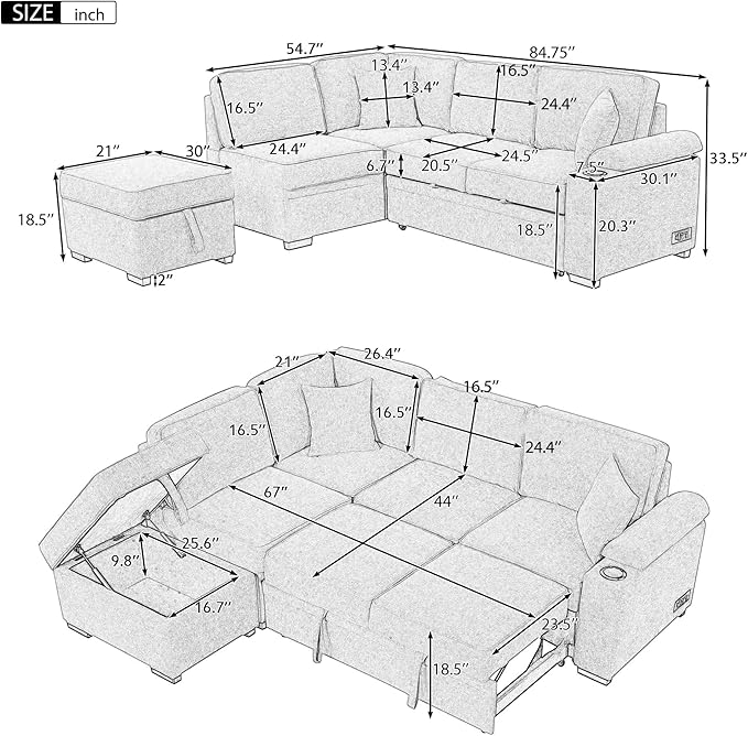 Ball & Cast 84" Convertible Sectional Sofa Bed, L-Shaped Sleeper Couch - Image 2