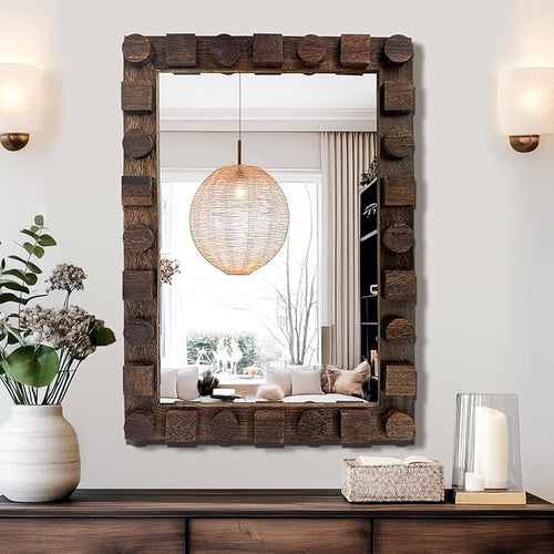 28x20 Inch Handcrafted Solid Wood Square Wall Mirror by AMOISE