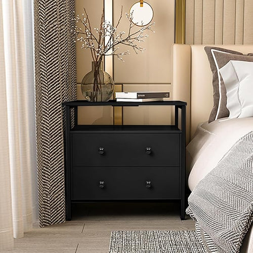 27 inch Wide Nightstand with Charging Station, Bedside Table with Open Shelf - Image 2