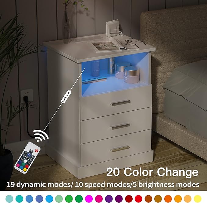 Nightstand with Charging Station, LED Lights Side Table with 3 Drawers - Image 6