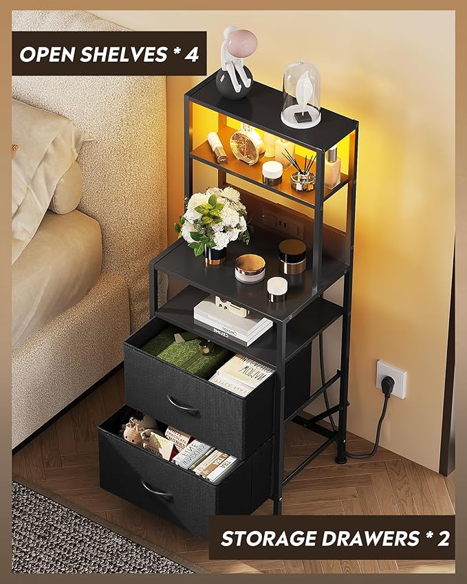 WLIVE Nightstand with Charging Station, LED Night Stand with 2 Drawers and 4 - Image 6