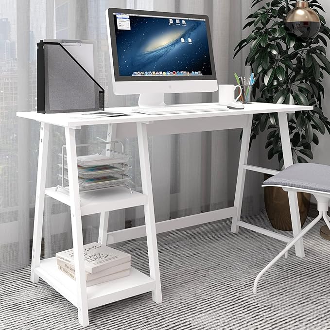 Natwind 51" White Desk with 2-Tier Storage Shelves, Home Office Computer Desk by Natwind