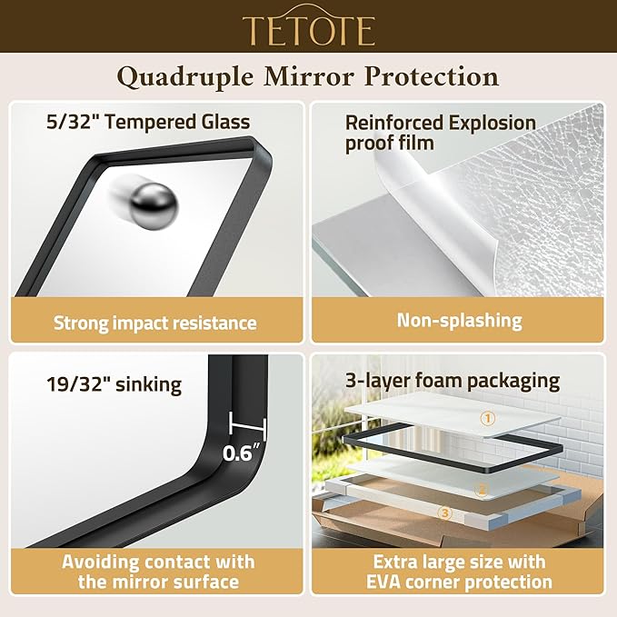 TETOTE Black Bathroom Mirror 30 x 30 Matte Black Metal Framed Vanity Mirror - Image 5