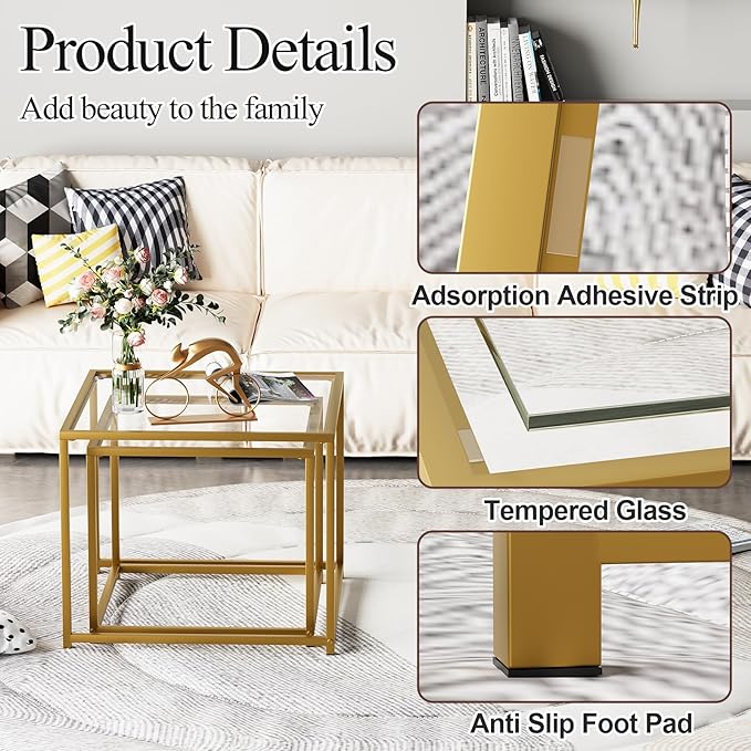 Garden 4 you Coffee Table Set of 2, Modern Glass Nesting Table, Metal Frame - Image 5