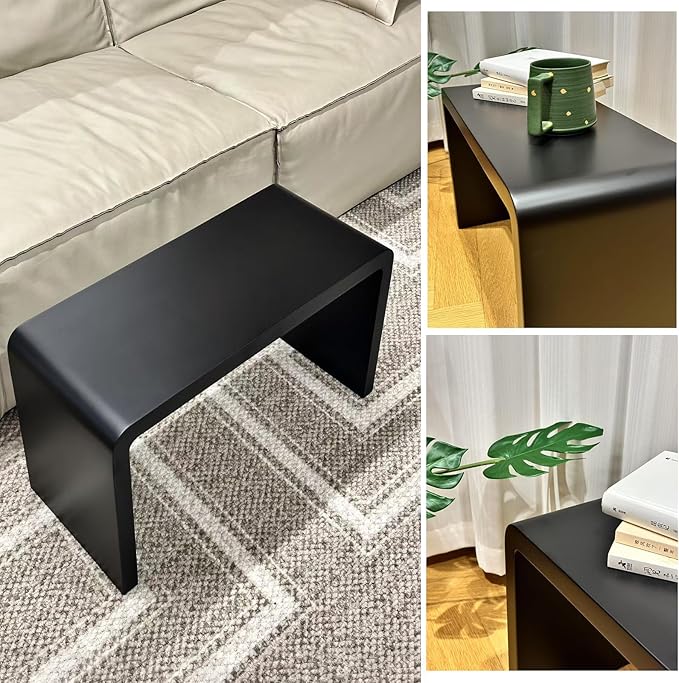 27.2" Black C Shaped Wood Tabl Set of 2, Space-Saving Slide Under Sofa Table - Image 4