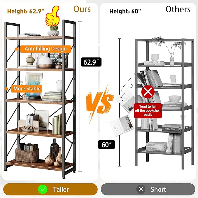 Shintenchi 5 Tiers Bookshelf, Classically Tall Bookcase Shelf, Industrial Book - Image 3