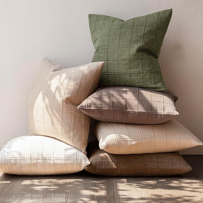 Foindtower Set of 2 Decorative Linen Check Throw Pillow Covers Neutral Long - Image 7