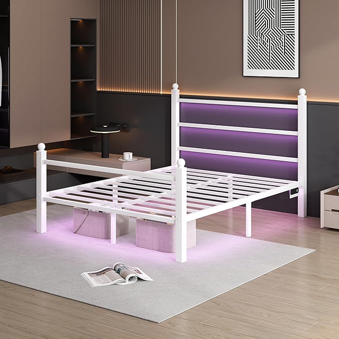 Full Size Bed Frame with Headboard and Footboard, Steel Slats Support-LED Bed - Image 8