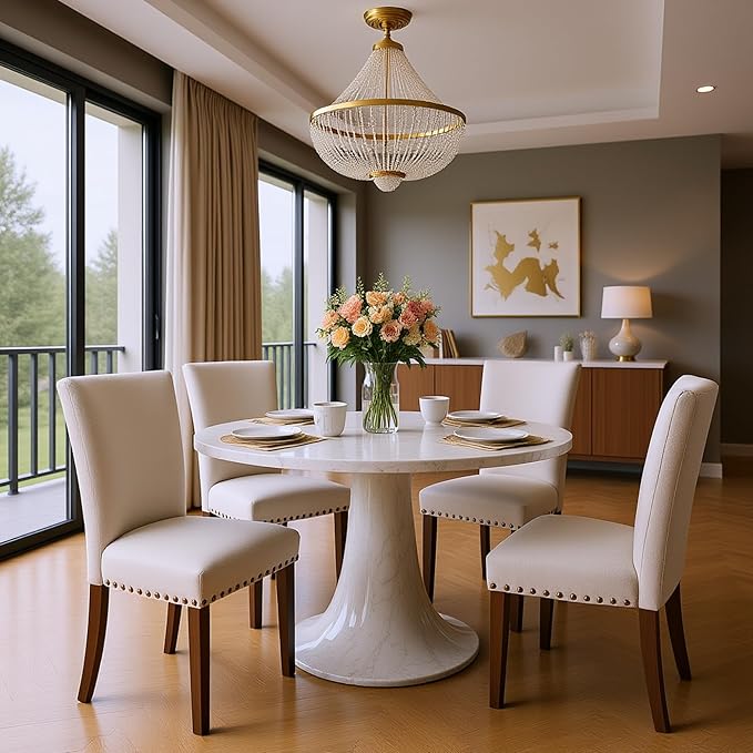 Set of 6 Beige Upholstered Dining Chairs – Farmhouse Kitchen Chairs - Image 6